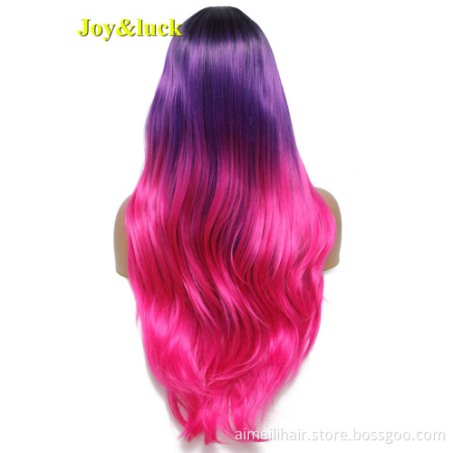 Long Natural Wavy Wig for Women Middle Part Daily Hair or Halloween Party Cosplay Wig Black Ombre Purple Synthetic Hair Wigs